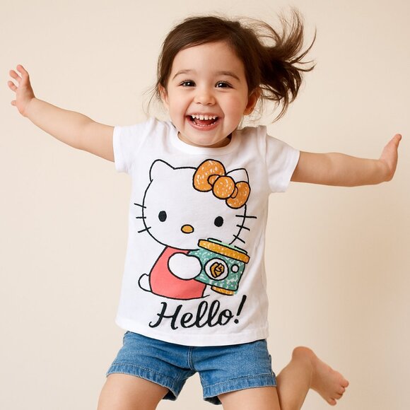 Kitty Graphic Tee Short Sleeve Crew Neck White Cotton Size 4 - Picture 1 of 8